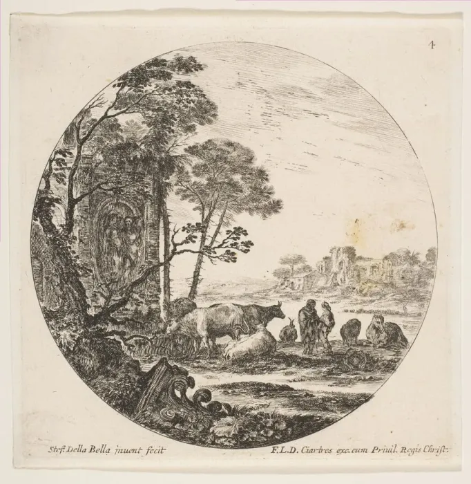 Framed Print : Plate 4: a Corinthian capital on the ground at left, a monument with figures in low re Framed Print : Plate 4: a Corinthian capital on the ground at left, a monument with figures in low re