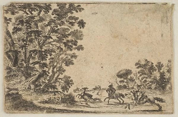 Plate 4: a deer hunt, two horsemen galloping towards the rightbehind three dogs