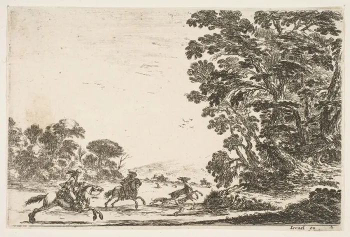 Framed Print : Plate 4: a deer hunt, two horsemen galloping towards the left behind three dogs Framed Print : Plate 4: a deer hunt, two horsemen galloping towards the left behind three dogs