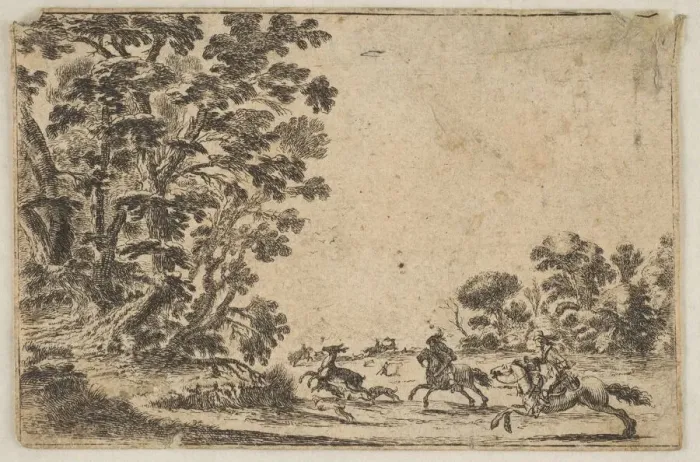 Framed Print : Plate 4: a deer hunt, two horsemen galloping towards the rightbehind three dogs Framed Print : Plate 4: a deer hunt, two horsemen galloping towards the rightbehind three dogs