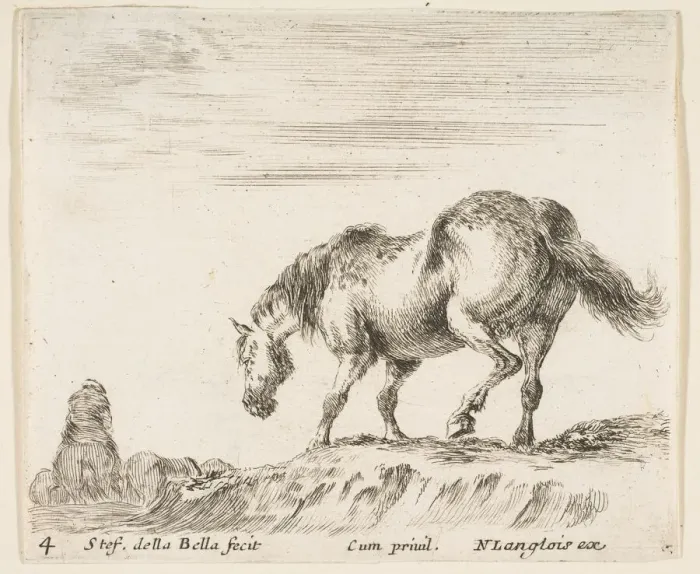 Framed Print : Plate 4: a horse in profile facing the left, about to descend from a mound, a horse Framed Print : Plate 4: a horse in profile facing the left, about to descend from a mound, a horse