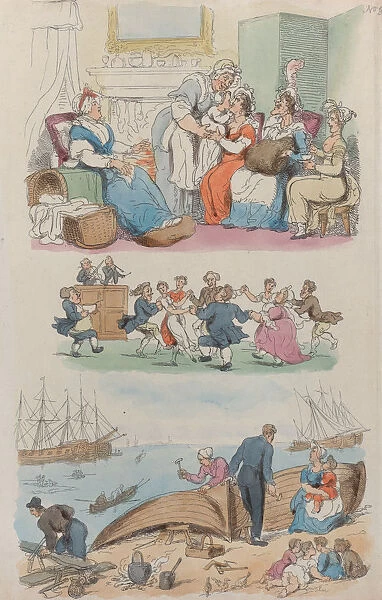 Plate 4: A Lying-in Visit, A Round Dance, from World in Miniature, 1816