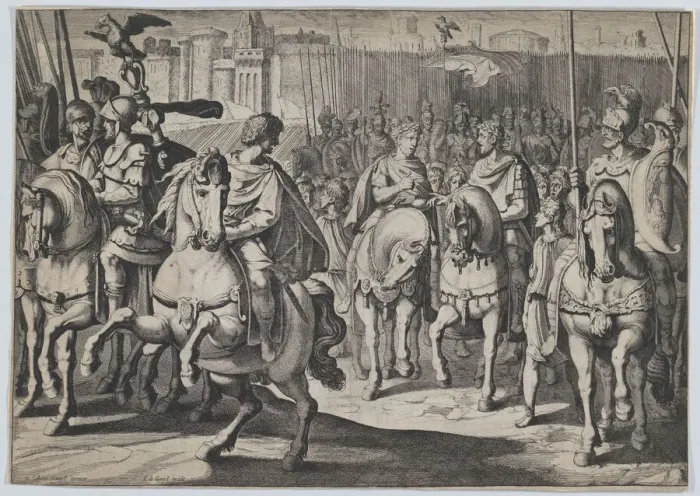 Framed Print : Plate 4: The peace with the king of France in order to fight the Turks, from the Triumphs... 1614. Creator: Jacob III de Gheyn Framed Print : Plate 4: The peace with the king of France in order to fight the Turks, from the Triumphs... 1614. Creator: Jacob III de Gheyn