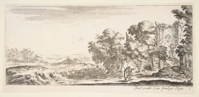 Framed Print : Plate 4: two pilgrims observing ruins to right, one pointing towards the right, a shep Framed Print : Plate 4: two pilgrims observing ruins to right, one pointing towards the right, a shep