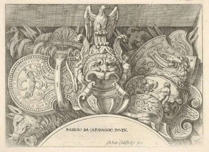 Framed Print : Plate 4: trophies of Roman arms from decorations above the windows on the second floor Framed Print : Plate 4: trophies of Roman arms from decorations above the windows on the second floor