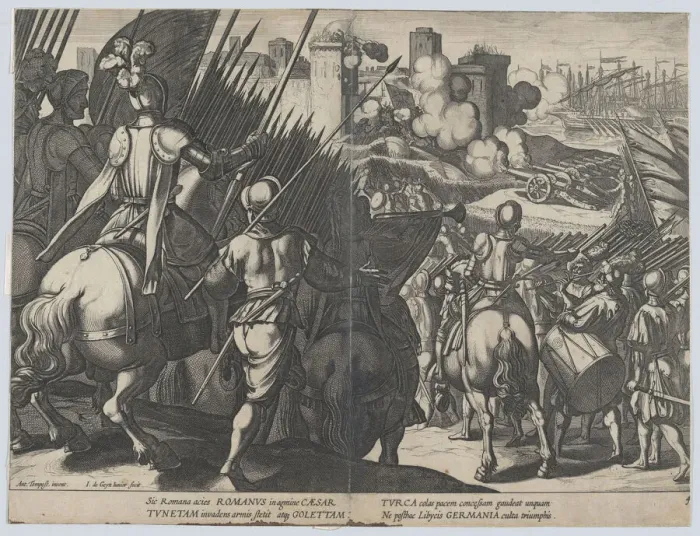 Framed Print : Plate 4: The victory of Goleta, near Tunis, from the Triumphs of Charles V, 1614. Creator: Jacob III de Gheyn Framed Print : Plate 4: The victory of Goleta, near Tunis, from the Triumphs of Charles V, 1614. Creator: Jacob III de Gheyn