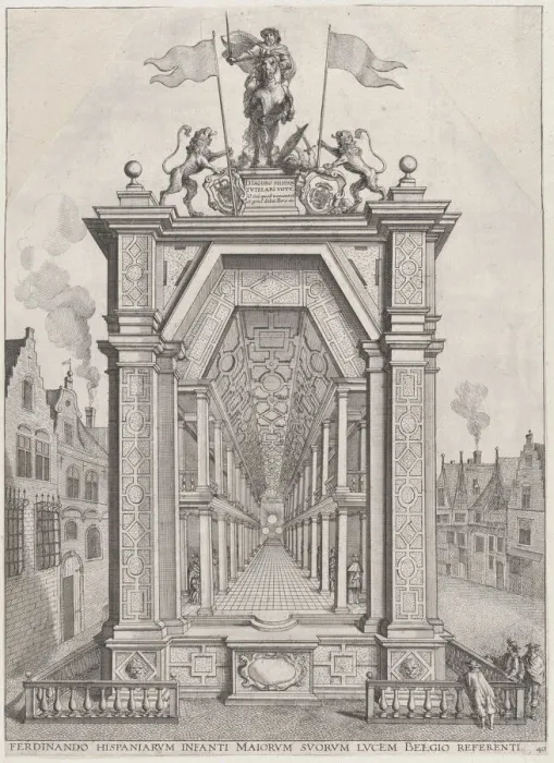 Framed Print : Plate 40: Design for festival architecture honoring the Spanish Prince Ferdinands triumph... 1636. Creators: Johannes Meursius, Willem van der Beke Framed Print : Plate 40: Design for festival architecture honoring the Spanish Prince Ferdinands triumph... 1636. Creators: Johannes Meursius, Willem van der Beke