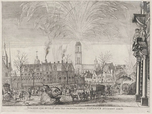 Plate 41: Fireworks display in city square with Ferdinand watching from a balcony at right... 1636. Creators: Johannes Meursius, Willem van der Beke