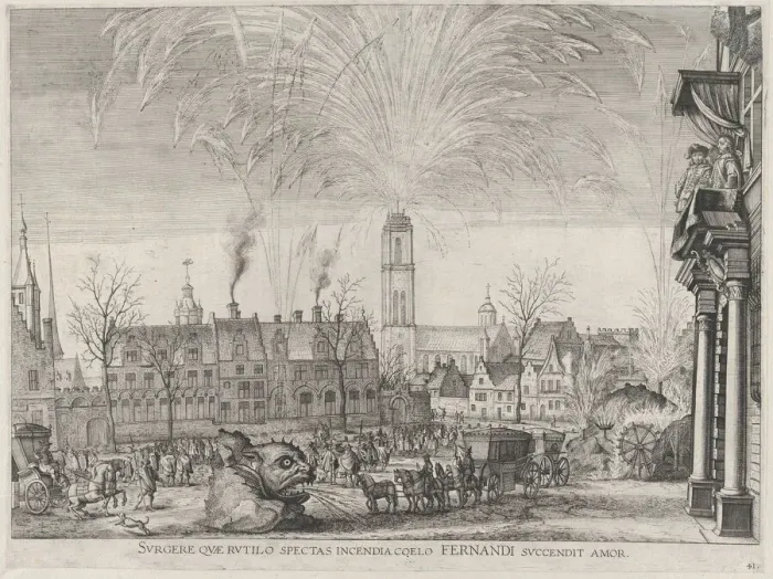 Framed Print : Plate 41: Fireworks display in city square with Ferdinand watching from a balcony at right... 1636. Creators: Johannes Meursius, Willem van der Beke Framed Print : Plate 41: Fireworks display in city square with Ferdinand watching from a balcony at right... 1636. Creators: Johannes Meursius, Willem van der Beke