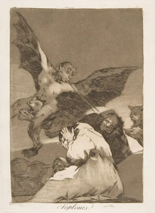 Framed Print : Plate 48 from Los Caprichos : Tale-Bearers-Blasts of Wind (Soplones. ), 1799 Framed Print : Plate 48 from Los Caprichos : Tale-Bearers-Blasts of Wind (Soplones. ), 1799