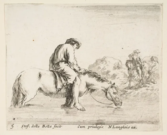 Framed Print : Plate 5: a barefoot peasant on horseback crossing a river, another peasant on horse Framed Print : Plate 5: a barefoot peasant on horseback crossing a river, another peasant on horse