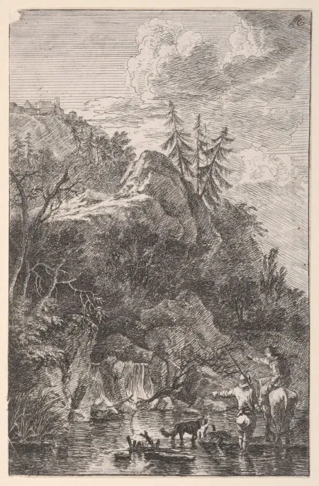 Framed Print : Plate 5: female figure on horseback and a male figure with a dog standing in a stre Framed Print : Plate 5: female figure on horseback and a male figure with a dog standing in a stre