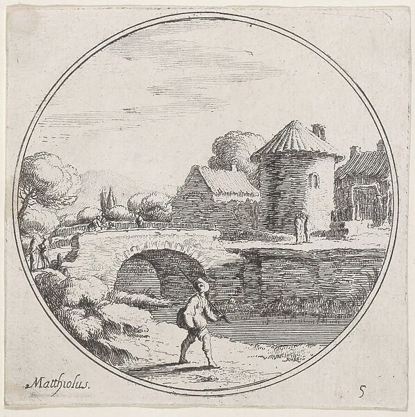 Plate 5: man walking with fishing pole at center, a bridge and village in the backgro... 1680-1747. Creator: Lodovico Mattioli