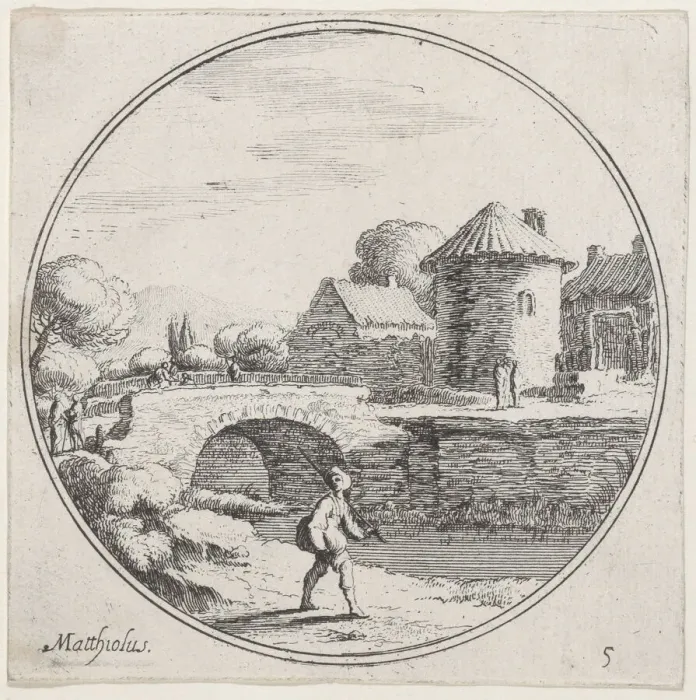 Framed Print : Plate 5: man walking with fishing pole at center, a bridge and village in the backgro... 1680-1747. Creator: Lodovico Mattioli Framed Print : Plate 5: man walking with fishing pole at center, a bridge and village in the backgro... 1680-1747. Creator: Lodovico Mattioli