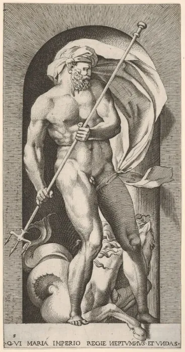 Framed Print : Plate 5: Neptune standing in a niche holding a trident, with a hippocampus (sea-horse Framed Print : Plate 5: Neptune standing in a niche holding a trident, with a hippocampus (sea-horse