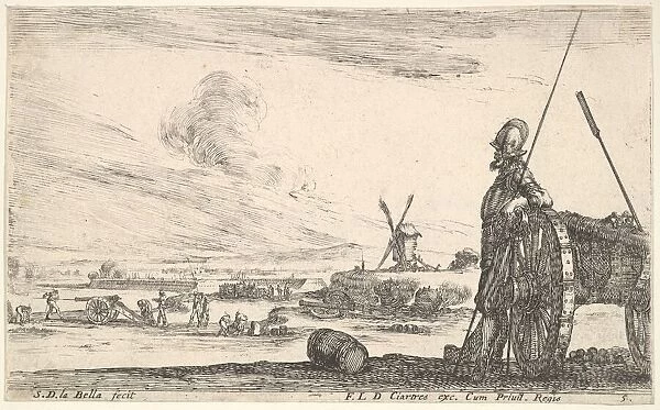 Plate 5: A Pikeman standing at right next to a canon, other military figures in the ba