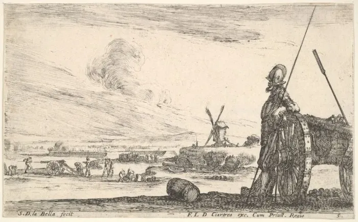 Framed Print : Plate 5: A Pikeman standing at right next to a canon, other military figures in the ba Framed Print : Plate 5: A Pikeman standing at right next to a canon, other military figures in the ba