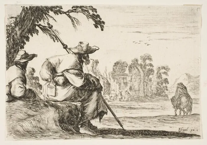 Framed Print : Plate 5: two pilgrims with hats rest to the left, seen from behind Framed Print : Plate 5: two pilgrims with hats rest to the left, seen from behind