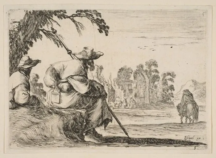 Framed Print : Plate 5: two pilgrims with hats rest to the left, seen from behind