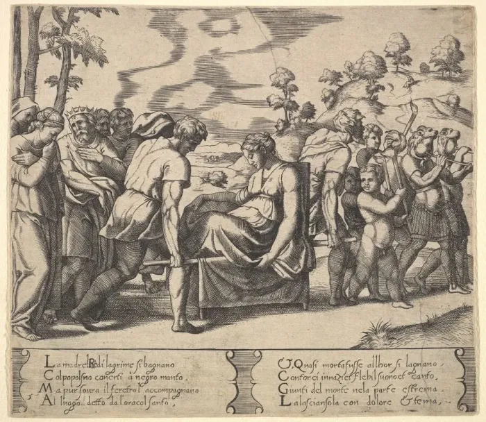 Framed Print : Plate 5: Psyche carried on a litter, from the Fable of Cupid and Psyche, 1530-60 Framed Print : Plate 5: Psyche carried on a litter, from the Fable of Cupid and Psyche, 1530-60