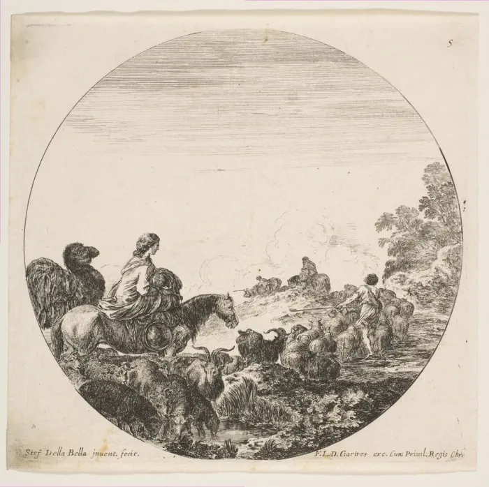 Framed Print : Plate 5: a woman carrying a child on a horse at left, a camel following her, a herd of Framed Print : Plate 5: a woman carrying a child on a horse at left, a camel following her, a herd of