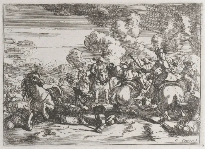 Framed Print : Plate 5: the wounded chief commander lies on the ground, while the battle goes on at ri... 1635-60. Creator: Jacques Courtois Framed Print : Plate 5: the wounded chief commander lies on the ground, while the battle goes on at ri... 1635-60. Creator: Jacques Courtois