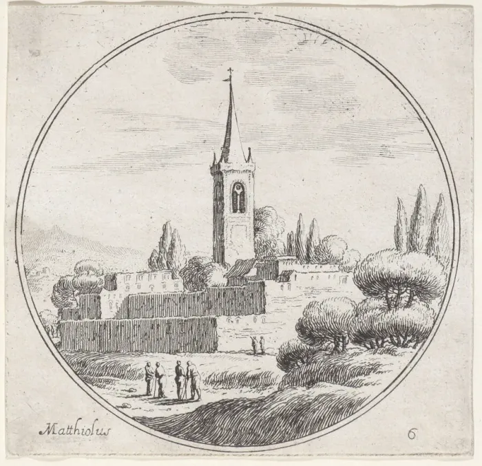 Framed Print : Plate 6: church steeple at center, with groups of people standing in a landscape belo... 1680-1747. Creator: Lodovico Mattioli Framed Print : Plate 6: church steeple at center, with groups of people standing in a landscape belo... 1680-1747. Creator: Lodovico Mattioli