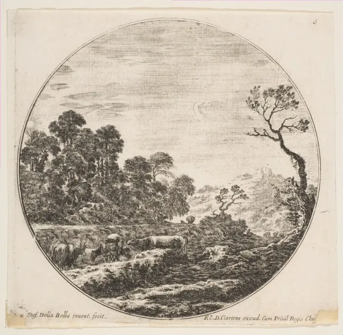 Framed Print : Plate 6: cows crossing a valley at left, a horseman and other cows in the background Framed Print : Plate 6: cows crossing a valley at left, a horseman and other cows in the background