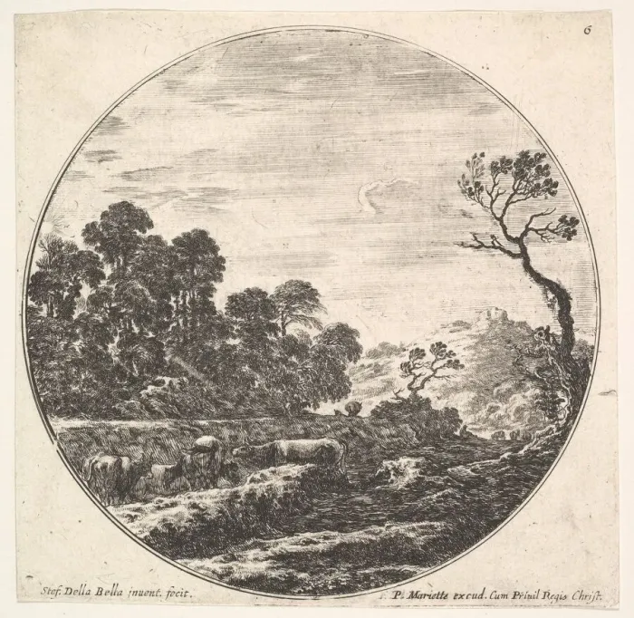 Framed Print : Plate 6: cows crossing a valley to left, a group of trees to left, a horseman and o Framed Print : Plate 6: cows crossing a valley to left, a group of trees to left, a horseman and o