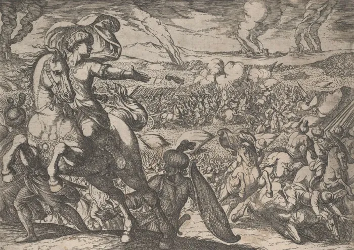 Framed Print : Plate 6: Darius Fleeing from the Battlefield, from The Deeds of Alexander the Great, 1608 Framed Print : Plate 6: Darius Fleeing from the Battlefield, from The Deeds of Alexander the Great, 1608