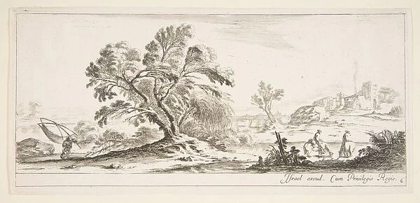 Plate 6: a fisherman carrying a net to left, two horsemen in a stream to right, a tree