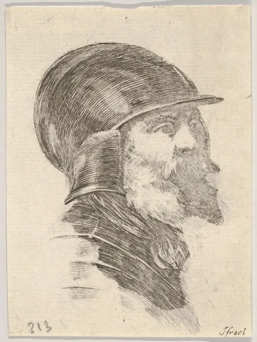 Framed Print : Plate 6: head of an old bearded soldier wearing a helmet facing right Framed Print : Plate 6: head of an old bearded soldier wearing a helmet facing right