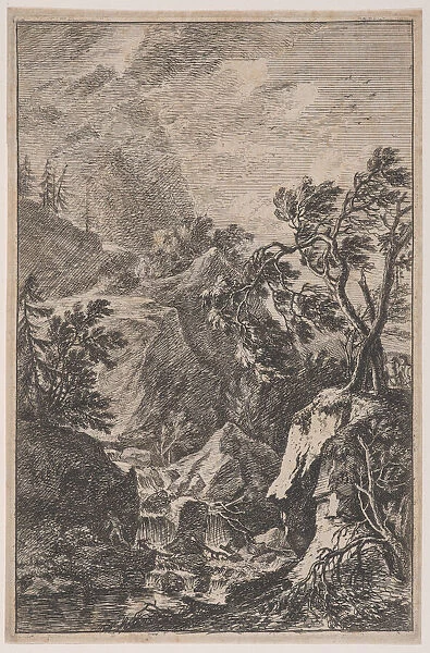 Plate 6: two male figures standing on a rock at right, a waterfall at center with a