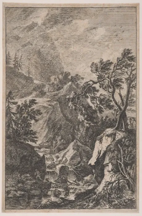 Framed Print : Plate 6: two male figures standing on a rock at right, a waterfall at center with a Framed Print : Plate 6: two male figures standing on a rock at right, a waterfall at center with a