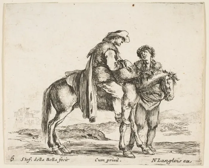 Framed Print : Plate 6: a peasant on horseback in profile facing the right, holding a basket and t Framed Print : Plate 6: a peasant on horseback in profile facing the right, holding a basket and t