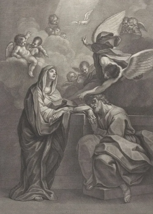 Framed Print : Plate 6: Saint Josephs dream, with the Virgin Mary at left Framed Print : Plate 6: Saint Josephs dream, with the Virgin Mary at left