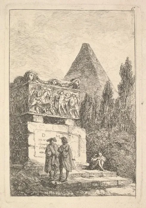 Framed Print : Plate 6: The Sarcophagus: two men conversing to left, another man seated and sleepi Framed Print : Plate 6: The Sarcophagus: two men conversing to left, another man seated and sleepi