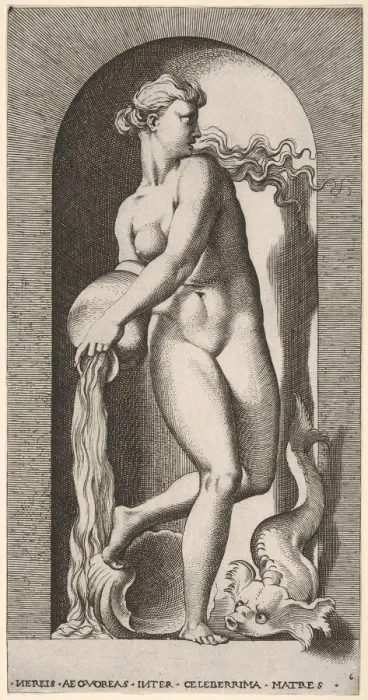 Framed Print : Plate 6: Thetis standing in a niche with a shell and sea creature Framed Print : Plate 6: Thetis standing in a niche with a shell and sea creature