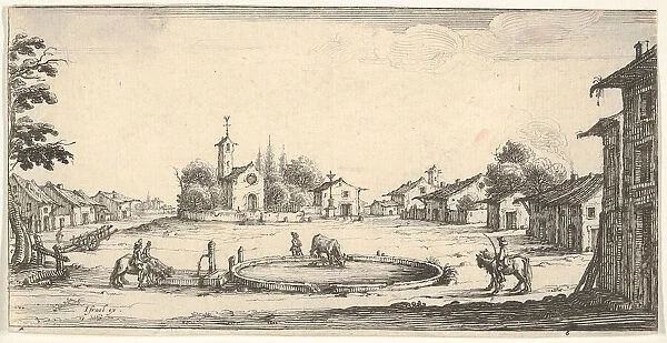 Plate 6: view of a village with a horse trough in center, horses and houses to either s
