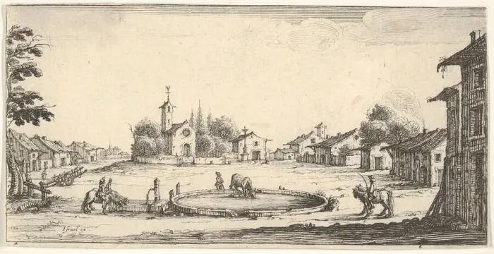 Framed Print : Plate 6: view of a village with a horse trough in center, horses and houses to either s Framed Print : Plate 6: view of a village with a horse trough in center, horses and houses to either s