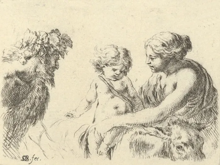 Framed Print : Plate 6: a woman at right holding her child who is sitting atop a donkey, a satyr at l Framed Print : Plate 6: a woman at right holding her child who is sitting atop a donkey, a satyr at l