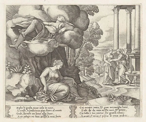 Plate 6: Zephyr carrying Psyche to an enchanted palace, from the Story of Cupid and Psy... 1530-60. Creator: Master of the Die