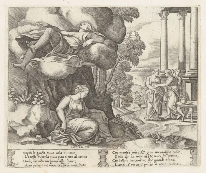 Framed Print : Plate 6: Zephyr carrying Psyche to an enchanted palace, from the Story of Cupid and Psy... 1530-60. Creator: Master of the Die Framed Print : Plate 6: Zephyr carrying Psyche to an enchanted palace, from the Story of Cupid and Psy... 1530-60. Creator: Master of the Die