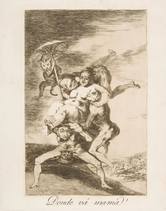 Framed Print : Plate 65 from Los Caprichos : Where is mom going? (Donde vamama?), 1799 Framed Print : Plate 65 from Los Caprichos : Where is mom going? (Donde vamama?), 1799