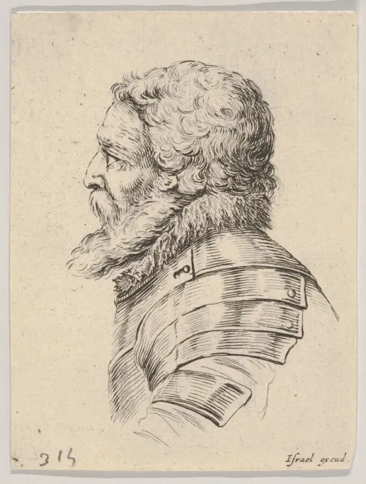 Framed Print : Plate 7: bust of a bearded soldier wearing armor, facing left in profile Framed Print : Plate 7: bust of a bearded soldier wearing armor, facing left in profile