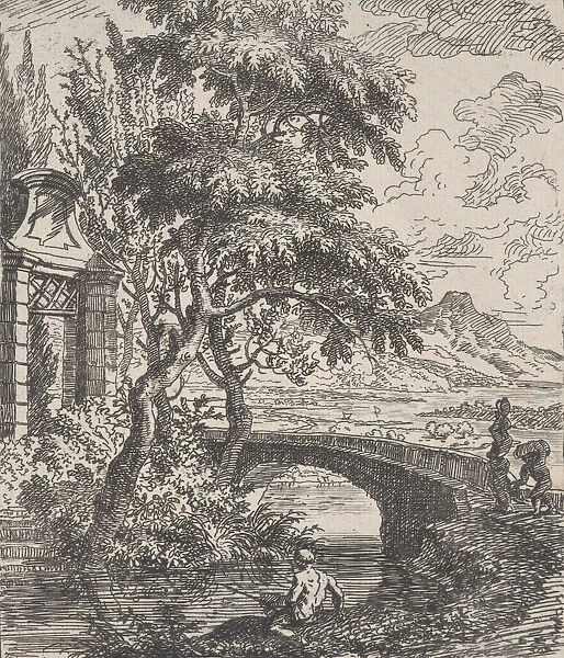 Plate 7: two figures at right about to cross a stone bridge, a fisherman in the for