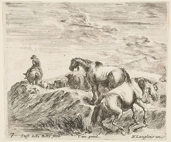 Plate 7: two horses ascending the bank of a river at right, following a procession