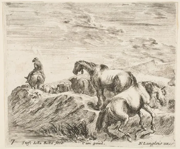 Framed Print : Plate 7: two horses ascending the bank of a river at right, following a procession Framed Print : Plate 7: two horses ascending the bank of a river at right, following a procession