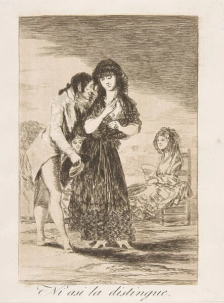 Plate 7 from Los Caprichos : Even thus he cannot make her out (Ni asi la distingue