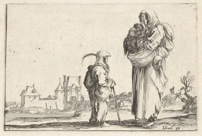 Framed Print : Plate 7: a peasant woman carrying a child to right, speaking to another child standing Framed Print : Plate 7: a peasant woman carrying a child to right, speaking to another child standing